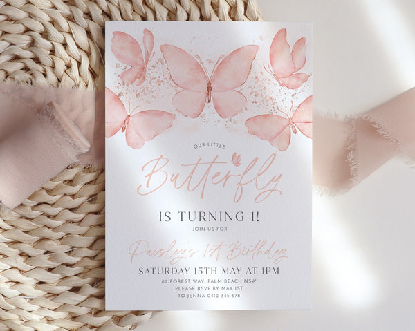Butterfly Birthday Invitation, 1st Birthday Invite, First Birthday Invitation, Peach Butterfly Birthday, Birthday Girl, Girl Butterfly Party