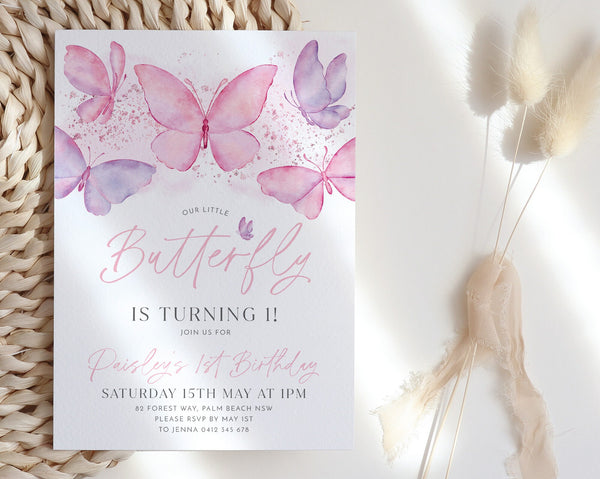 Butterfly Birthday Invitation, 1st Birthday Invite, First Birthday Invitation, Pink Purple Butterfly Birthday Party, 1st Birthday Girl Pink