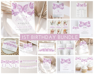 Butterfly Birthday Invitation Bundle, Purple Butterfly Invitation, 1st Birthday Girl, First Birthday Decorations, Butterfly Party Decoration