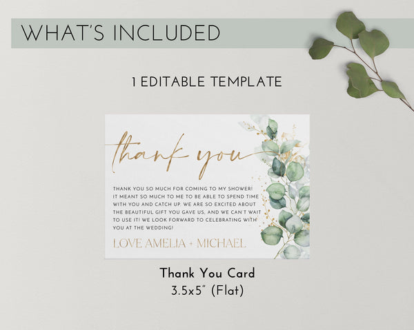 Thank You Card Template, Printable Thank You Card, Instant Download Thank You Cards, Bridal Shower Thank You, Greenery Thank You Card Gold