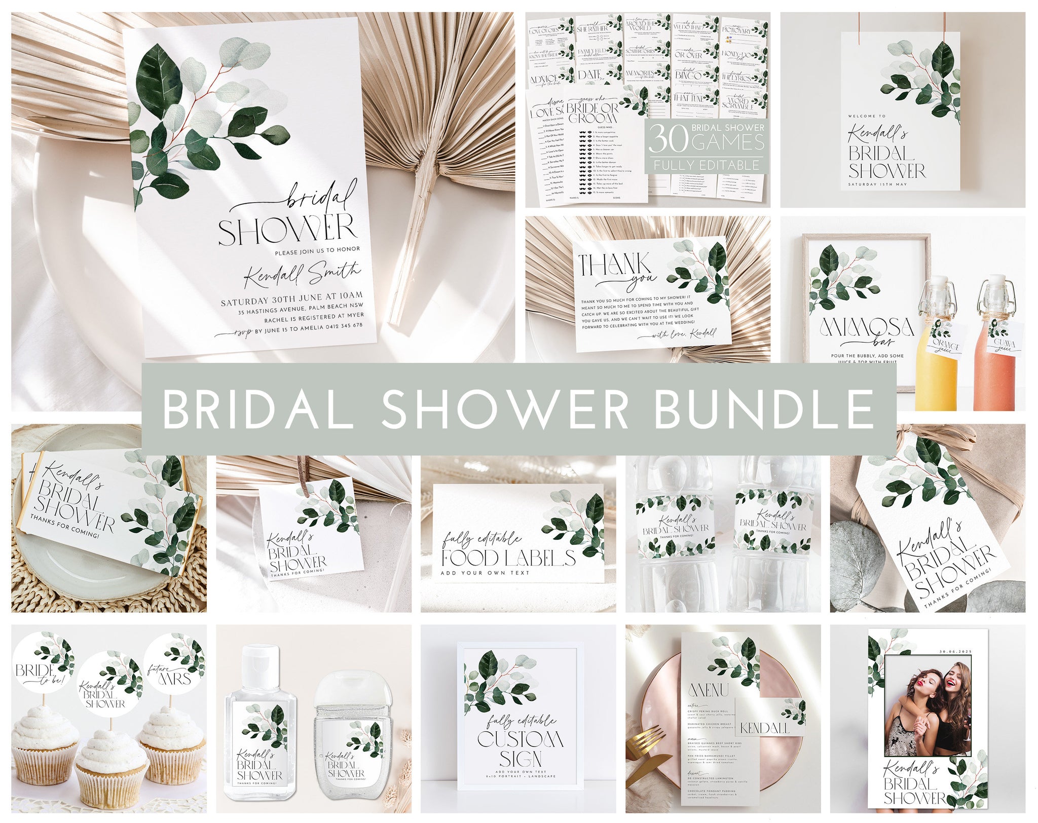 Greenery Bridal Shower Invitation Bundle, Bridal Shower Invitation and Games Bundle, Editable Games, Printable Greenery Bridal Shower Pack