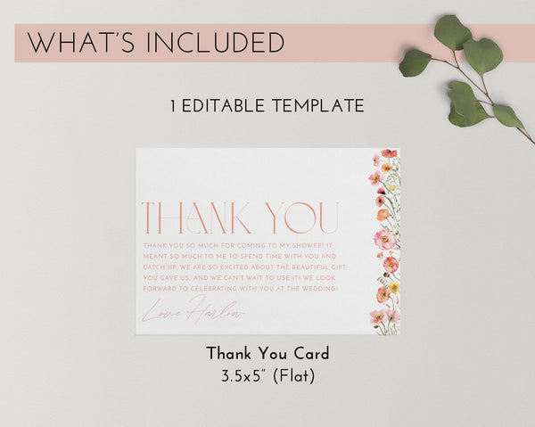 Wildflower Thank You Card Template, Printable Thank You Card Instant Download Thank You Card, Bridal Shower Thank You, Floral Thank You Pink