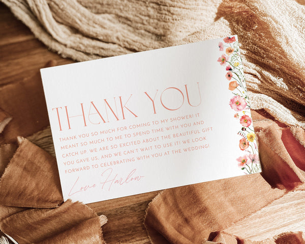Wildflower Thank You Card Template, Printable Thank You Card Instant Download Thank You Card, Bridal Shower Thank You, Floral Thank You Pink