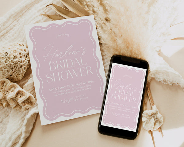Wave Bridal Shower Invitation, Curve Modern Bridal Shower Invite, Purple Bridal Shower, Editable Bridal Shower Template Wavy Shape Modern