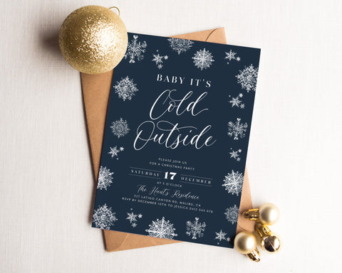 Baby Its Cold Outside, Christmas Party Invitation, Holiday Party Invitation Template, Editable Navy Invitation, Snowflake, Modern Invitation
