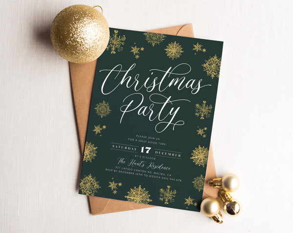 Christmas Party Invitation, Holiday Party Invitation Template, Green Gold Snowflake, Editable Christmas Invitation, Modern Christmas