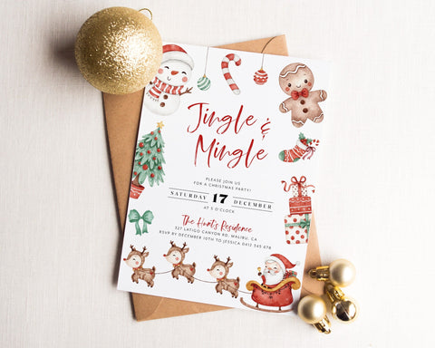 Christmas Party Invitation, Jingle And Mingle, Holiday Party Invitation Template, Editable Santa Invitation, Christmas Tree, Candy Cane