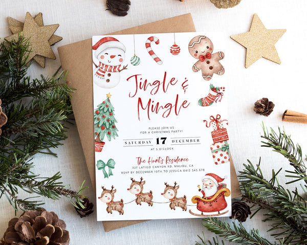 Christmas Party Invitation, Jingle And Mingle, Holiday Party Invitation Template, Editable Santa Invitation, Christmas Tree, Candy Cane