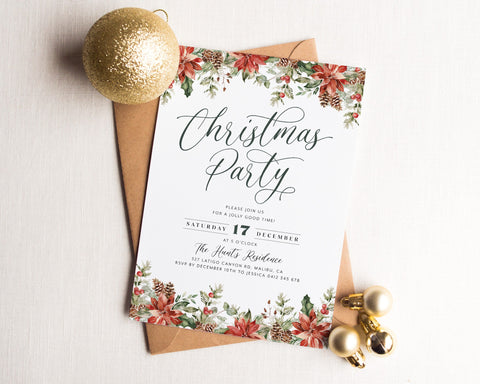Christmas Party Invitation, Holiday Party Invitation Template, Red Flowers, Editable Floral Christmas Invitation, Modern Christmas