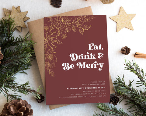 Eat Drink and Be Merry Invitation, Christmas Party Invitation, Holiday Party Invitation Template, Editable Burgundy Christmas Invitation