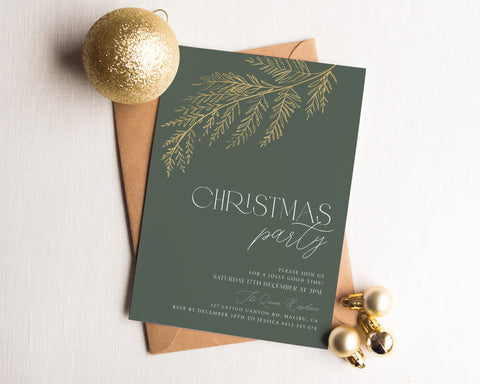 Christmas Party Invitation, Holiday Party Invitation Template, Green Gold Leaf, Editable Christmas Invitation, Modern Leafy Invitation