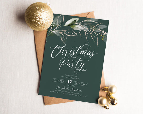 Christmas Party Invitation, Green Gold Leafy, Holiday Party Invitation Template, Editable Christmas Invitation, Modern Botanical Christmas