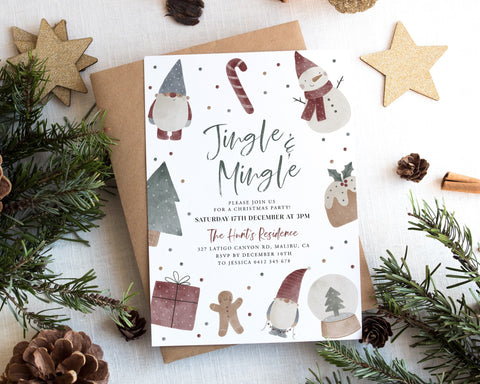 Cute Christmas Party Invitation, Jingle And Mingle, Holiday Party Invitation Template, Editable Christmas Invitation, Gnome, Snowman, Tree,