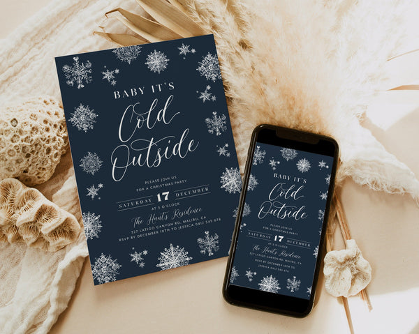 Baby Its Cold Outside, Christmas Party Invitation, Holiday Party Invitation Template, Editable Navy Invitation, Snowflake, Modern Invitation