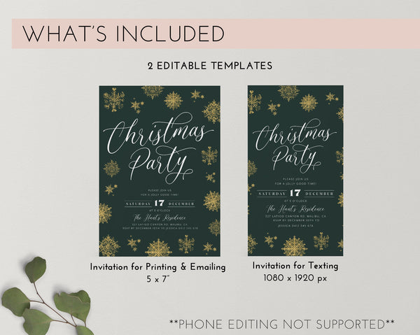 Christmas Party Invitation, Holiday Party Invitation Template, Green Gold Snowflake, Editable Christmas Invitation, Modern Christmas
