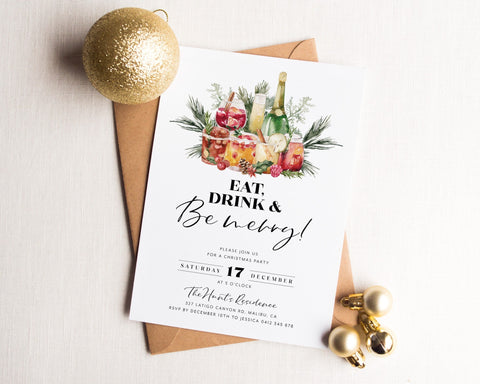 Eat Drink and Be Merry Invitation, Christmas Party Invitation, Holiday Party Invitation Template, Editable Modern Christmas Invitation