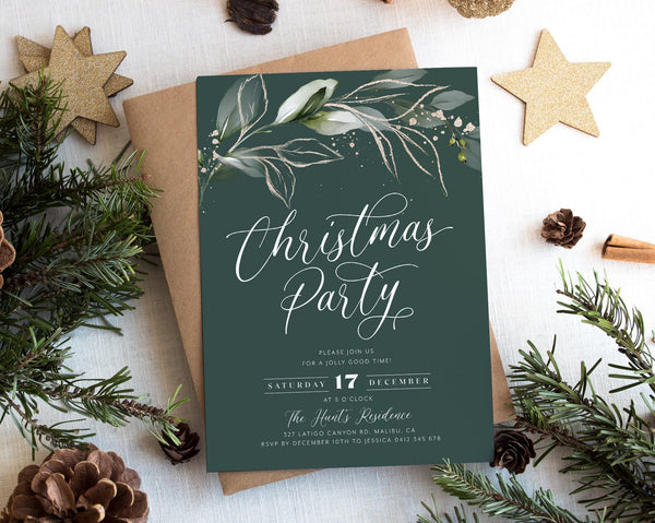 Christmas Party Invitation, Green Gold Leafy, Holiday Party Invitation Template, Editable Christmas Invitation, Modern Botanical Christmas