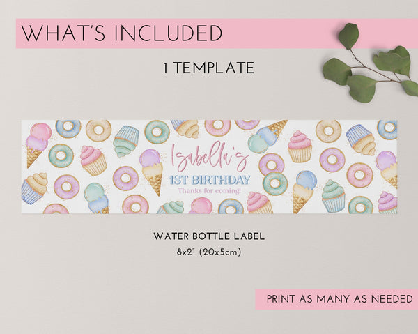 Sweet One Water Bottle Labels, Candyland Water Label, Printable Water Bottle Label, Pastel Party Water Labels, 1st Birthday Girl, Icecream