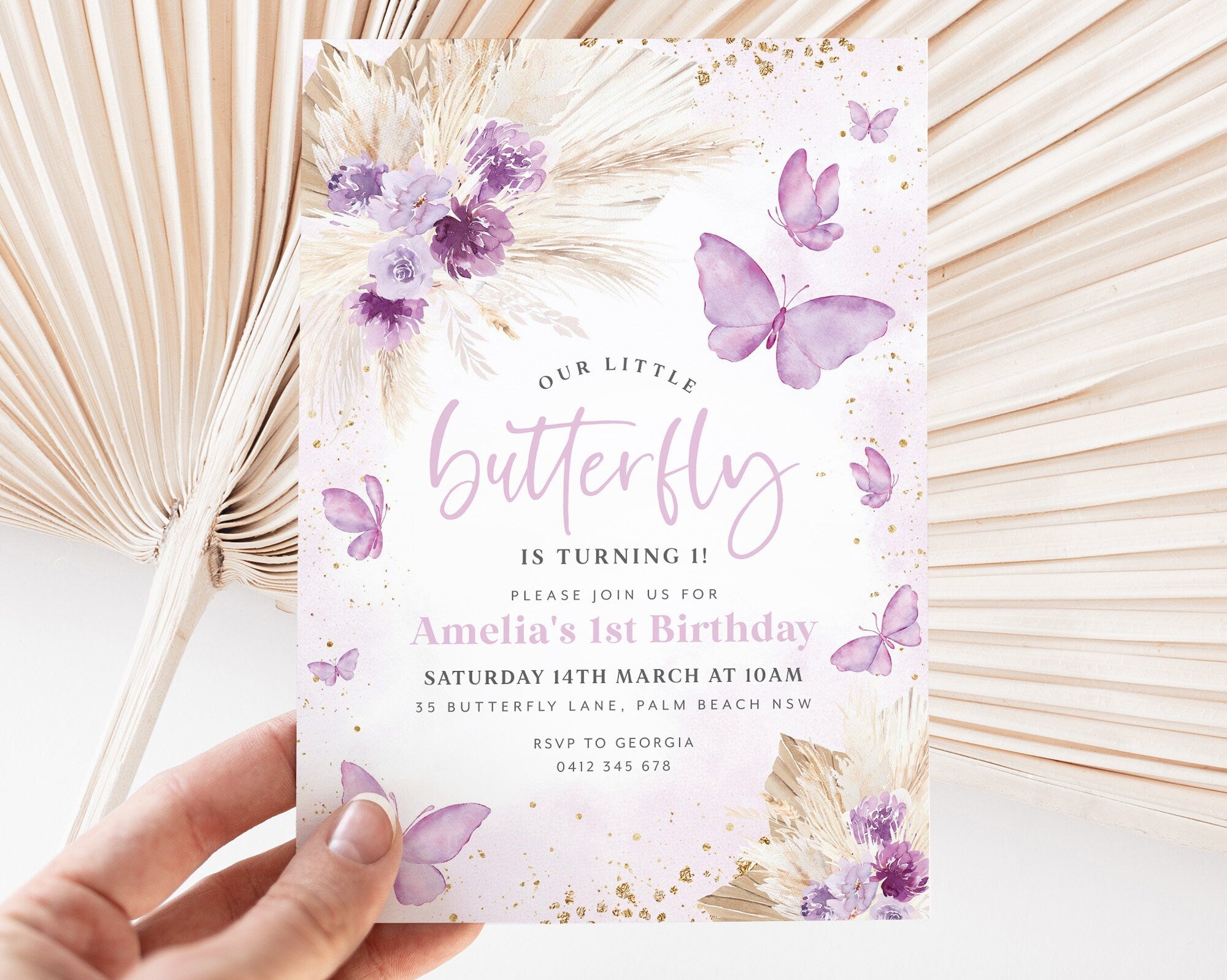 Butterfly Birthday Invitation, Boho 1st Birthday Invite Girl, First Birthday Invitation, Purple Butterfly Birthday Party, 1st Birthday Girl