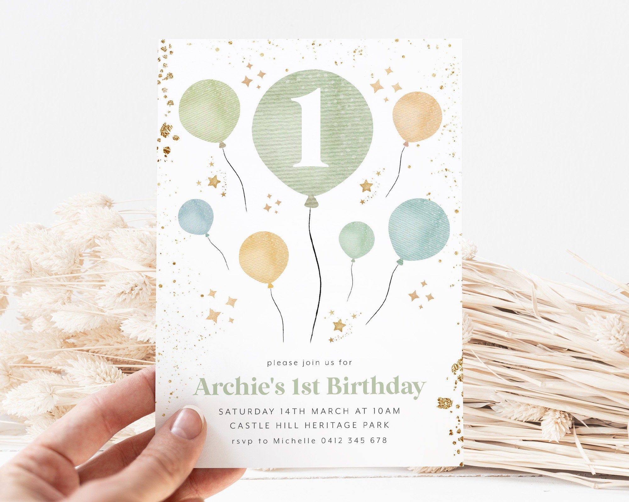 1st Birthday Boy Invitation, Balloons First Birthday Invite 1st Birthday Boy Green Birthday Invitation Boy Printable Editable Invitation Boy