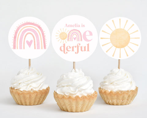 Rainbow Cupcake Toppers, Printable Cupcake Topper, Miss Onederful 1st Birthday Editable Cupcake Toppers, Rainbow Sun Onederful 1st Birthday