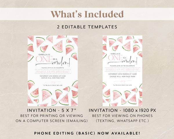 One In a Melon First Birthday Invitation Template, Watermelon Birthday, Watermelon Girls First Birthday Invitation, Melon 1st Birthday Girl