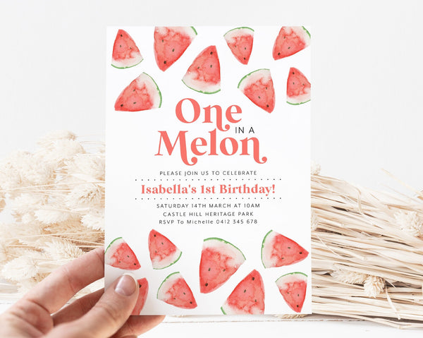 One In a Melon Invitation Template, Watermelon 1st Birthday Invite, Watermelon Girls First Birthday Invitation Red, Melon 1st Birthday Girl