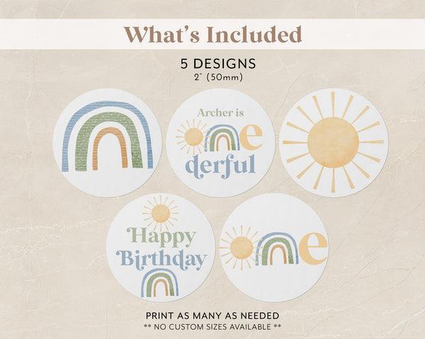 Mr Onederful Rainbow Cupcake Toppers, Printable Cupcake Topper, Mr Onederful 1st Birthday Editable Cupcake Toppers, Rainbow Sun 1st Birthday