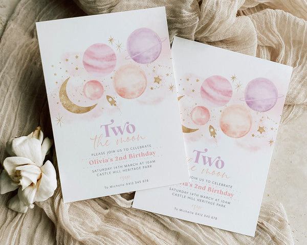 Two the Moon Birthday Invitation Template, 2nd Birthday Space Invitation, Two the Moon Space Invitation Girl, Printable Birthday Invitation
