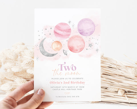 Two the Moon 2nd Birthday Invitation Template, Two the Moon Girl Birthday Space Invitation, Invitation Girl, Printable Birthday Invitation