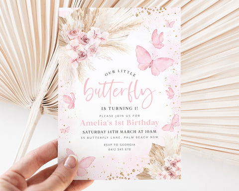 Butterfly 1st Birthday Invitation, 1st Birthday Invite, First Birthday Invitation, Pink Boho Butterfly Birthday Party, 1st Birthday Girl