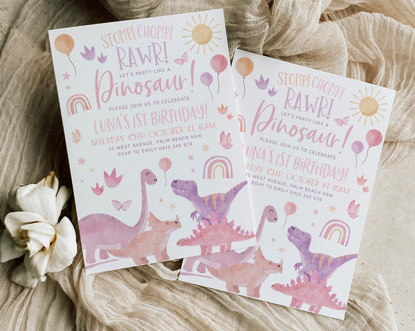 Dinosaur 1st Birthday Invitation Girl, Dinosaur First Birthday, Dinosaur Birthday, Printable Invitation Template, 1st Birthday Girl Dino