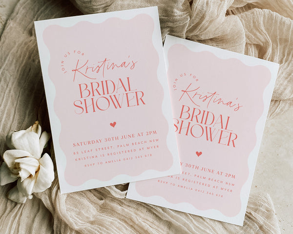 Wavy Bridal Shower Invitation, Curve Modern Bridal Shower Invite, Pink Red Bridal Shower, Editable Bridal Shower Template Wave Shape Modern