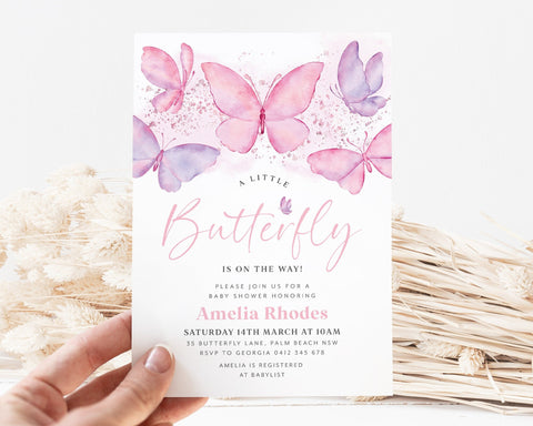 Butterfly Baby Shower Invitation, Pink Butterfly Invitation Template, Butterfly Baby Shower Invitation Girl, Baby Shower Invite Template
