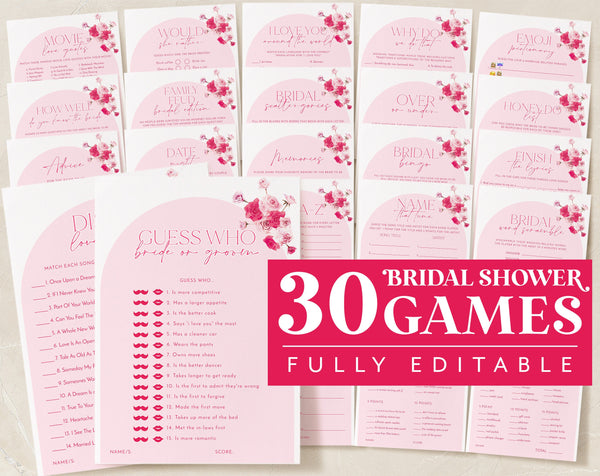 Pink Floral Bridal Shower Games, Hot Pink Floral Bridal Games Editable, Printable Games Pack, Modern Bridal Shower Games, Bright Pink Floral
