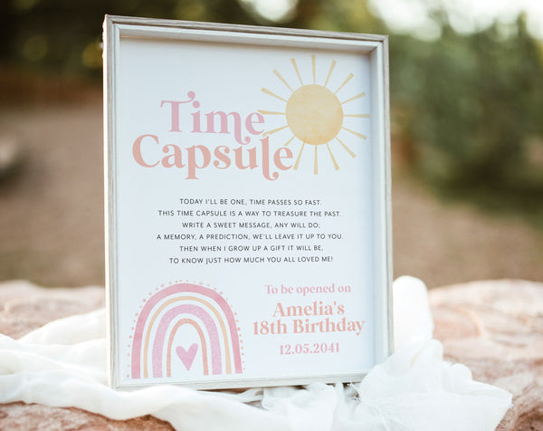 Rainbow Time Capsule, 1st Birthday Time Capsule Sign, Time Capsule Template, Onederful Rainbow Party, Rainbow Sun 1st Birthday Decorations