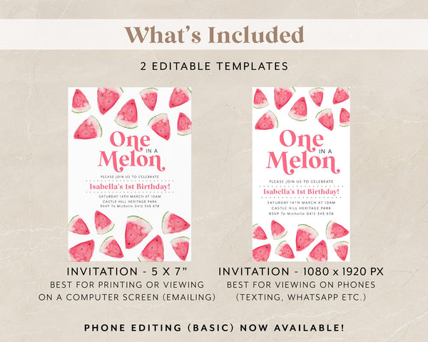 One In a Melon Invitation Template, Watermelon 1st Birthday Invite, Watermelon Girls First Birthday Invitation Pink, Melon 1st Birthday Girl