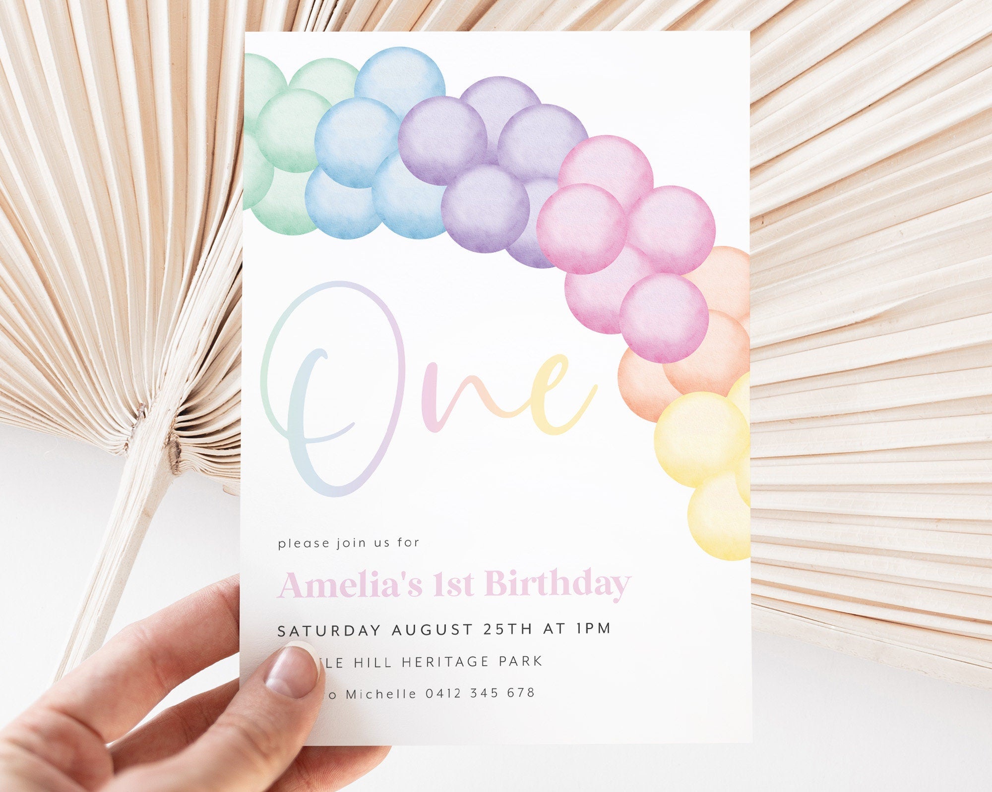 Pastel Rainbow Birthday Invitation, Pastel 1st Birthday Invite, First Birthday Invitation, 1st Birthday Girl, Pastel Rainbow Balloon Arch