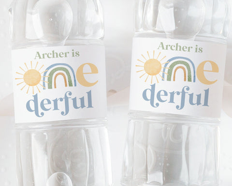Mr Onederful Rainbow Water Bottle Labels, Mr Onederful Water Label, Printable Water Bottle Label, Rainbow Sun Party Water Labels Birthday