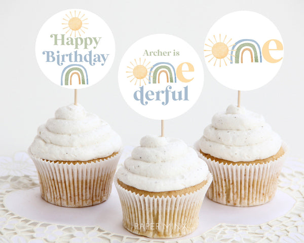 Mr Onederful Rainbow Cupcake Toppers, Printable Cupcake Topper, Mr Onederful 1st Birthday Editable Cupcake Toppers, Rainbow Sun 1st Birthday