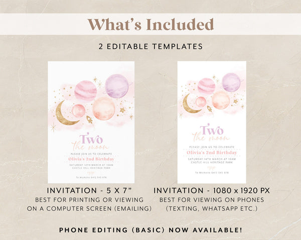 Two the Moon Birthday Invitation Template, 2nd Birthday Space Invitation, Two the Moon Space Invitation Girl, Printable Birthday Invitation