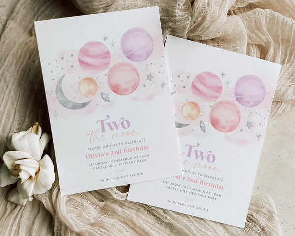 Two the Moon 2nd Birthday Invitation Template, Two the Moon Girl Birthday Space Invitation, Invitation Girl, Printable Birthday Invitation