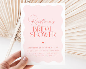 Wavy Bridal Shower Invitation, Curve Modern Bridal Shower Invite, Pink Red Bridal Shower, Editable Bridal Shower Template Wave Shape Modern
