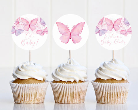 Butterfly Baby Shower Cupcake Toppers, Butterfly Cupcake Toppers, Printable Cupcake Toppers, Editable Cupcake Toppers, Pink Butterflies Girl
