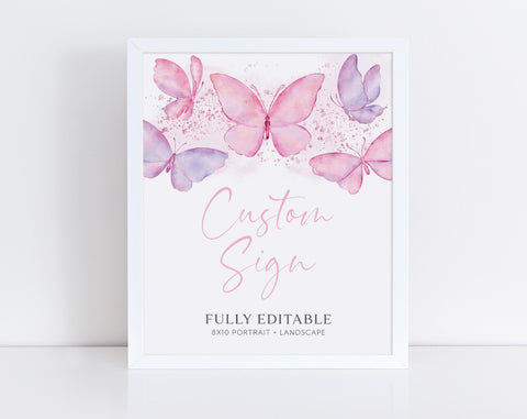 Butterfly Baby Shower Signs, Baby Shower Editable Sign 8x10 Custom Sign, Landscape Sign Portrait Sign, Printable Signs, Butterfly Signs Pink