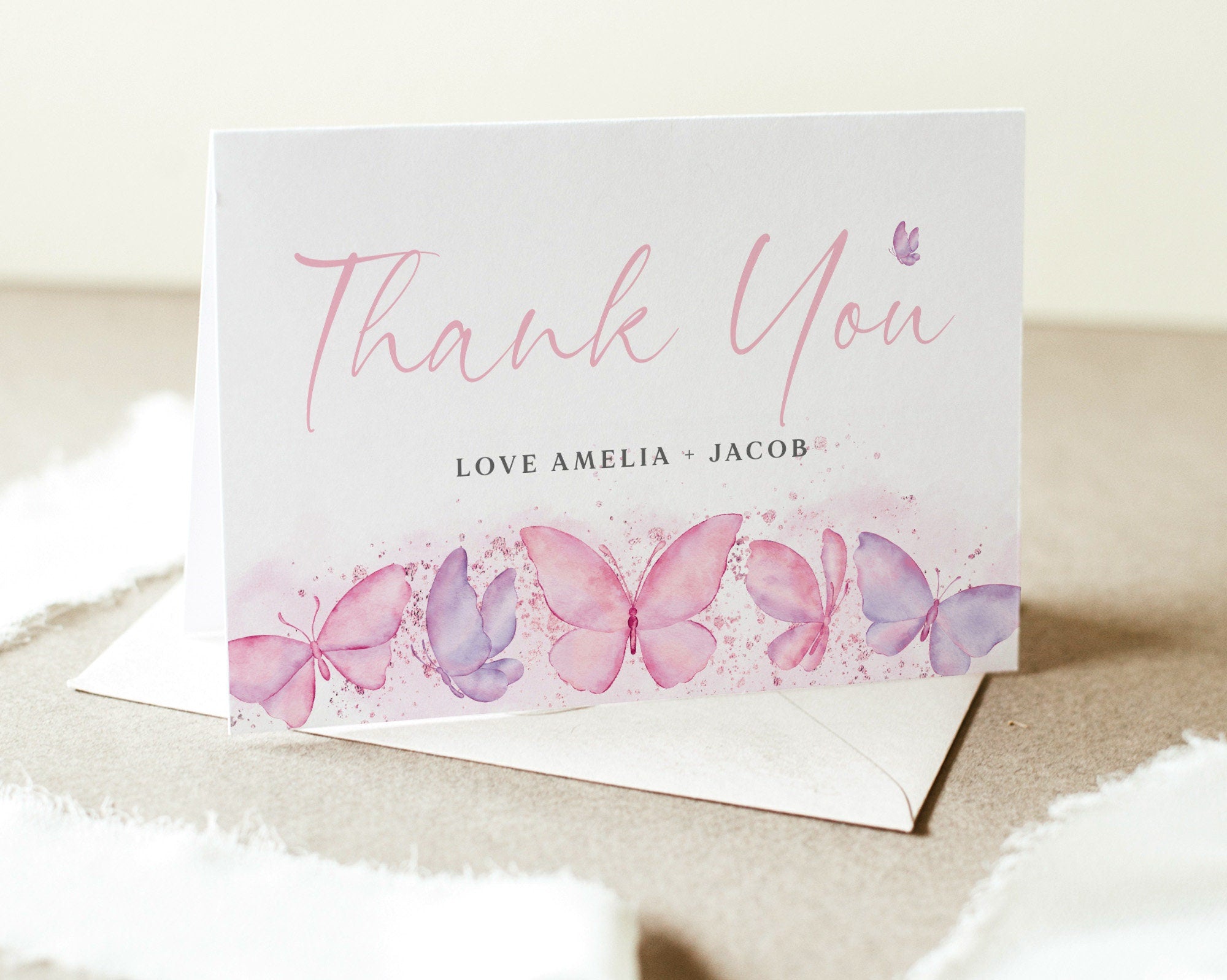 Butterfly Thank You Card Template, Printable Thank You Card, Butterfly Baby Shower Thank You Card, Butterfly Thank You Card Purple and Pink