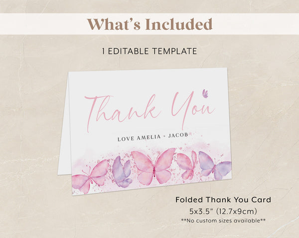 Butterfly Thank You Card Template, Printable Thank You Card, Butterfly Baby Shower Thank You Card, Butterfly Thank You Card Purple and Pink
