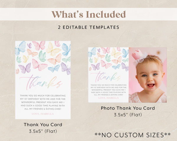 Rainbow Butterfly Thank You Card, Pastel Butterfly Thank you, 1st Birthday Butterfly Thank You Card, ButterfliesBirthday Party Decor Rainbow