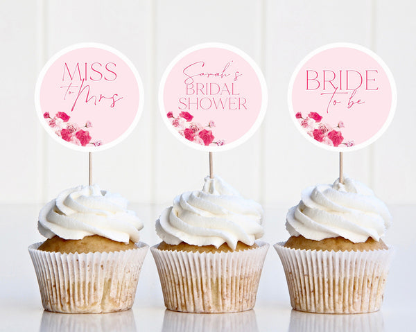 Pink Cupcake Toppers, Bridal Shower Cupcake Toppers, Printable Cupcake Topper, Editable Cupcake Toppers, Pink Floral Bridal Shower Cupcake