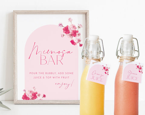 Pink Mimosa Bar Sign, Floral Mimosa Sign, Bridal Shower Mimosa Bar Sign, Juice Labels, Mimosa and Juice Labels, Floral Bridal Shower Mimosa